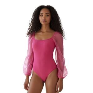 Altar’d State Hot Pink Puff Sheer Sleeve Ribbed Bodysuit Women’s M